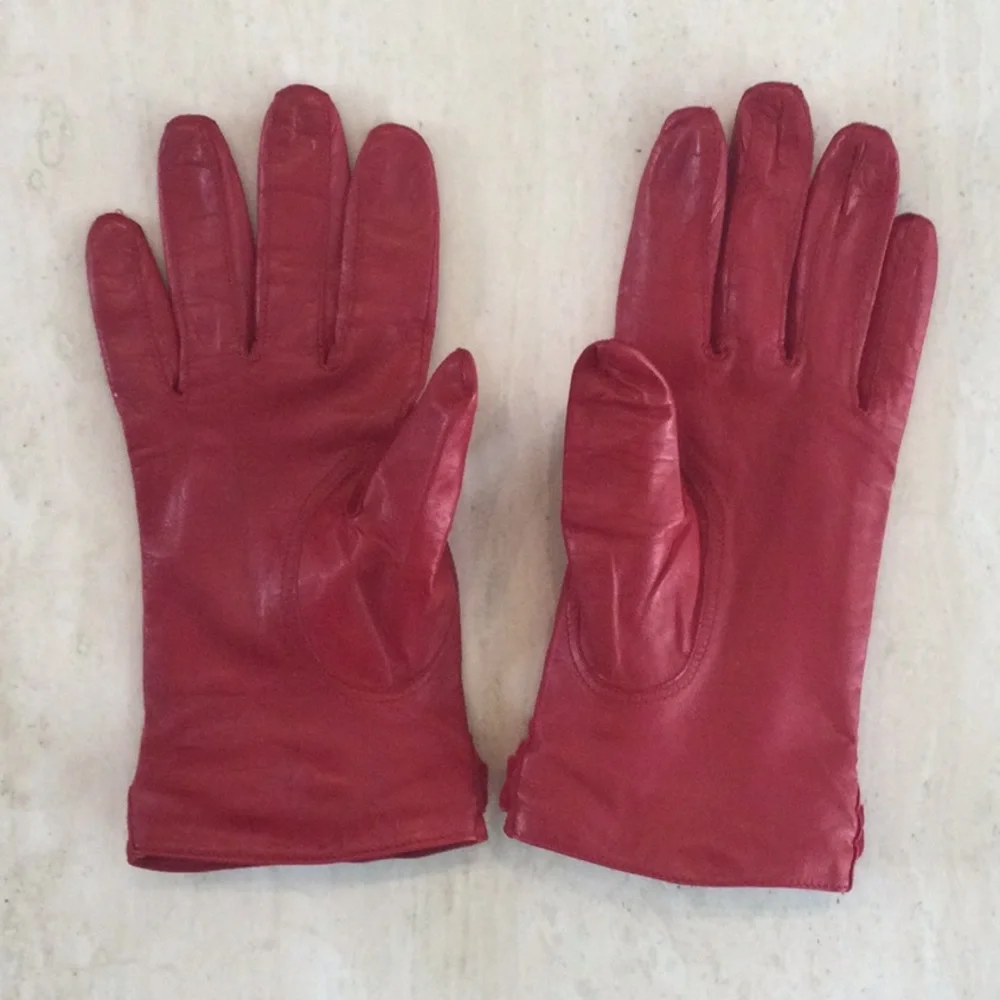 Vintage Coach Red Leather Gloves Silk Lining Women Size 8 Velvet Trim Rhinestone